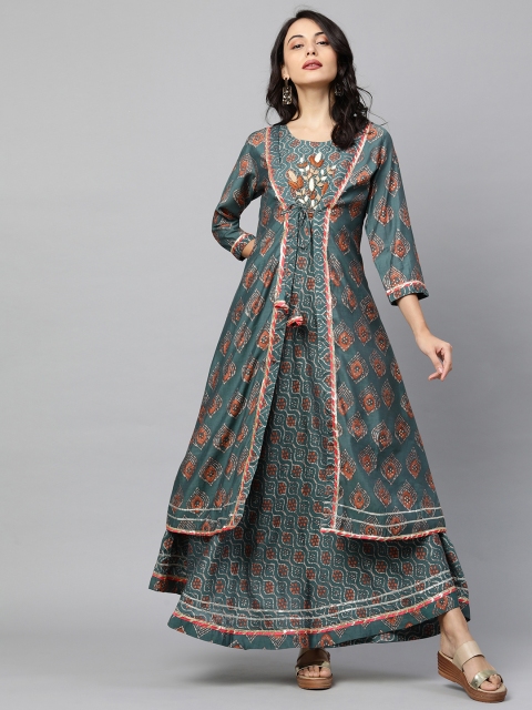 

FASHOR Grey Ethnic Motifs Ethnic Maxi Dress with Bandhani Jacket