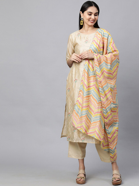 

FASHOR Women Beige Floral Embroidered Chanderi Silk Kurta with Salwar With Dupatta