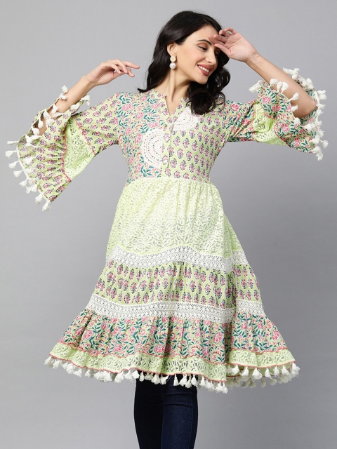

FASHOR Green & Pink Floral Printed Flared Sleeves Pure Cotton Tiered Anarkali Kurti