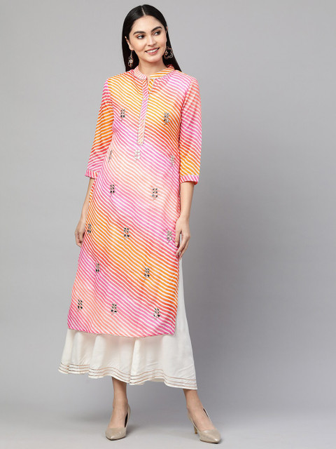 

FASHOR Pink & Off White Leheriya Ethnic Kurta with Maxi