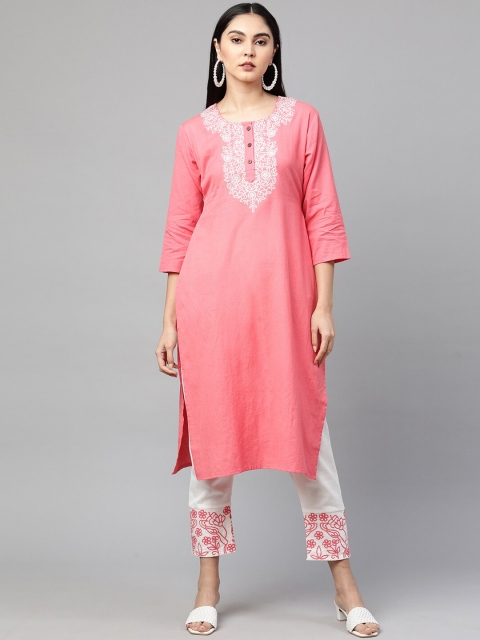 

FASHOR Women Pink Ethnic Motifs Embroidered Pure Cotton Kurta with Trousers