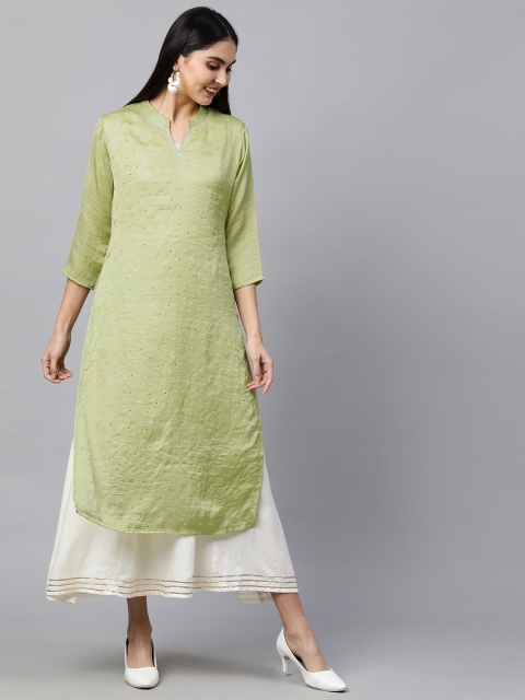 

FASHOR Green Satin Ethnic Maxi Dress