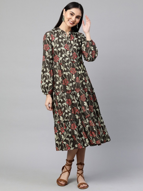 

FASHOR Brown Floral Printed Tiered Midi Dress