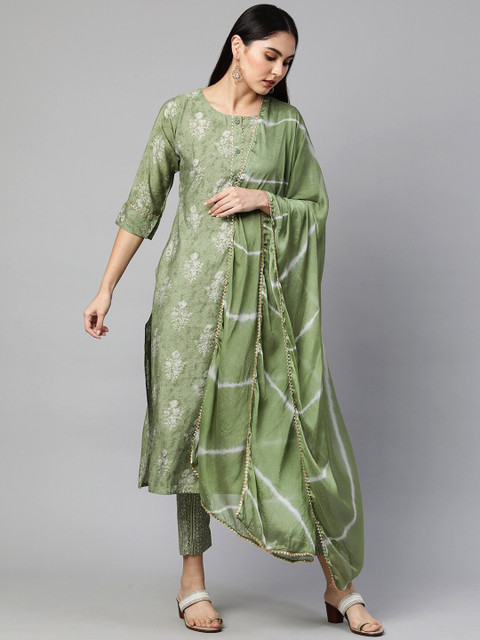 

FASHOR Women Green Leheriya Gotta Patti Pure Cotton Kurta with Trousers & With Dupatta