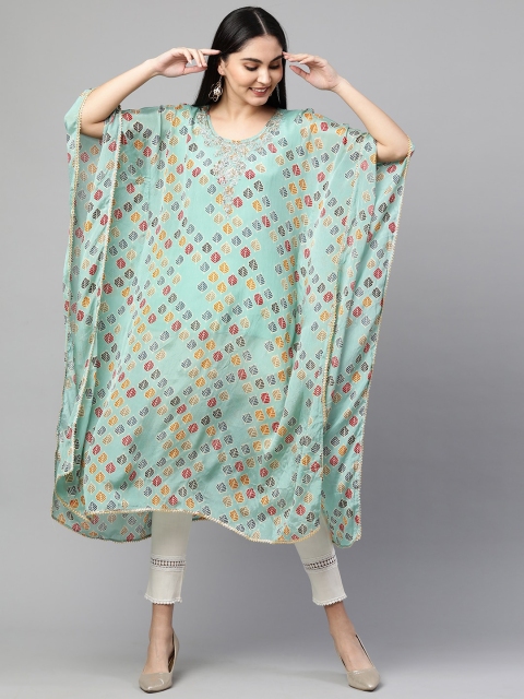 

FASHOR Green & Red Floral Round Neck Kaftan Midi Dress