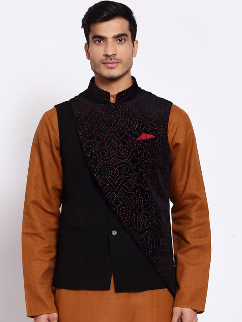 

MAXENCE Men Black Satin Nehru Jacket for wedding