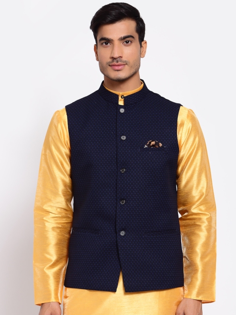 

MAXENCE Men Navy Blue Satin Nehru Jacket for weddings