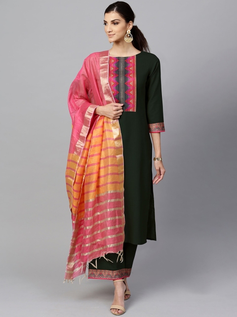 

Indo Era Women Green & Pink Yoke Design Kurta with Palazzos & Dupatta
