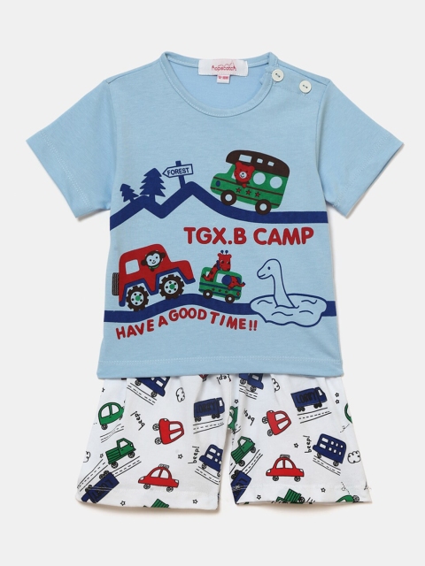 

Hopscotch Unisex Kids Blue & White Printed T-shirt with Shorts