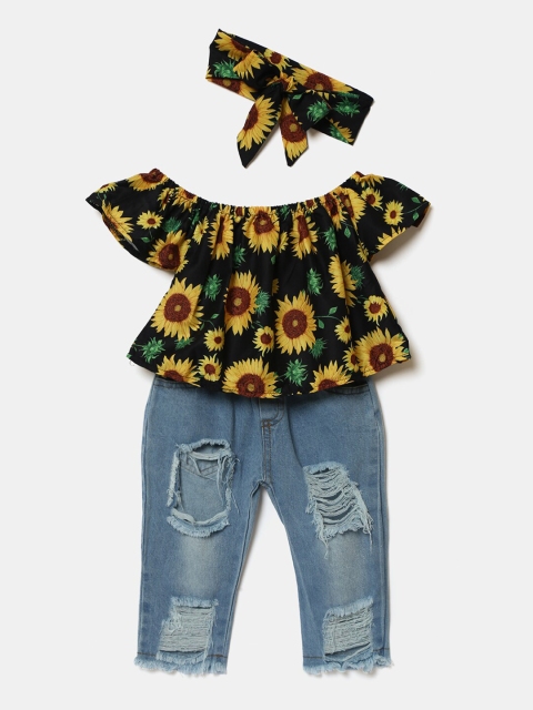 

Hopscotch Girls Yellow & Blue Floral Printed Top with Jeans & Headband