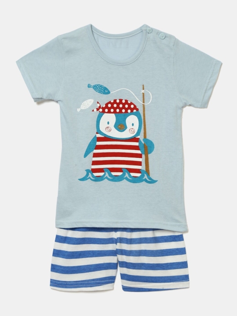 

Hopscotch Kids Blue & White Organic Cotton Striped T-shirt with Shorts