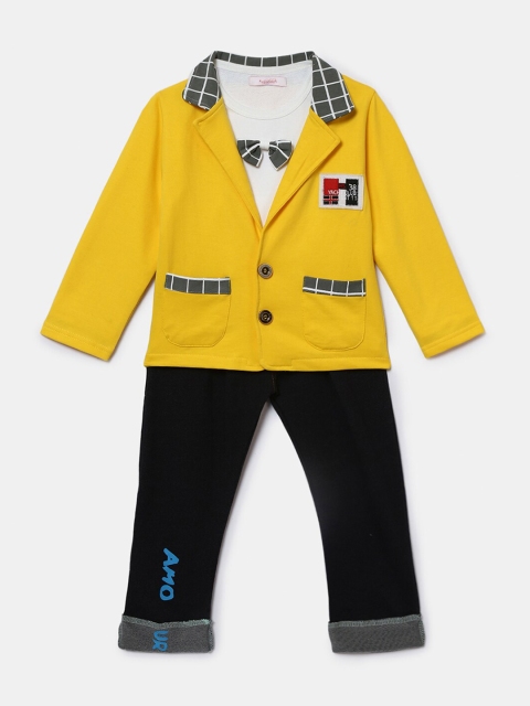 

Hopscotch Boys Yellow & Black Solid Blazer Attached Bow T-shirt with Trousers