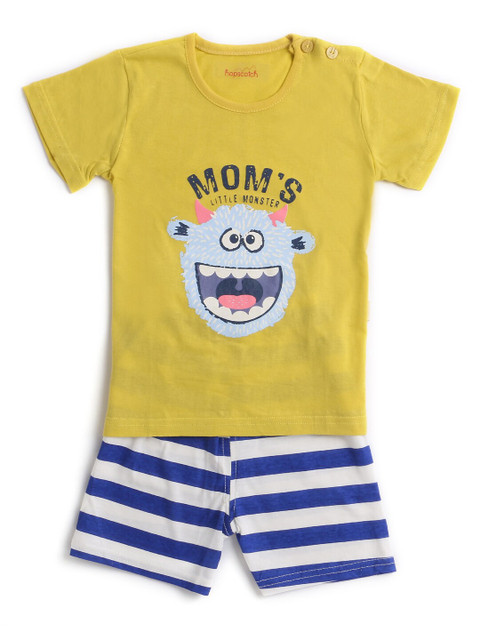 

Hopscotch Kids Yellow & Blue Printed Organic Cotton T-shirt with Shorts
