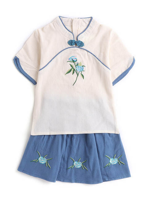 

Hopscotch Girls Blue & White Embroidered Top with Skirt