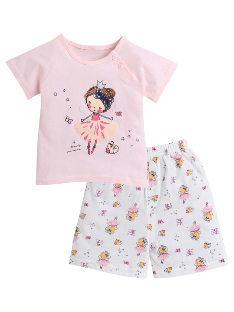 

Hopscotch Girls Pink & White Printed Pure Cotton Top With Shorts