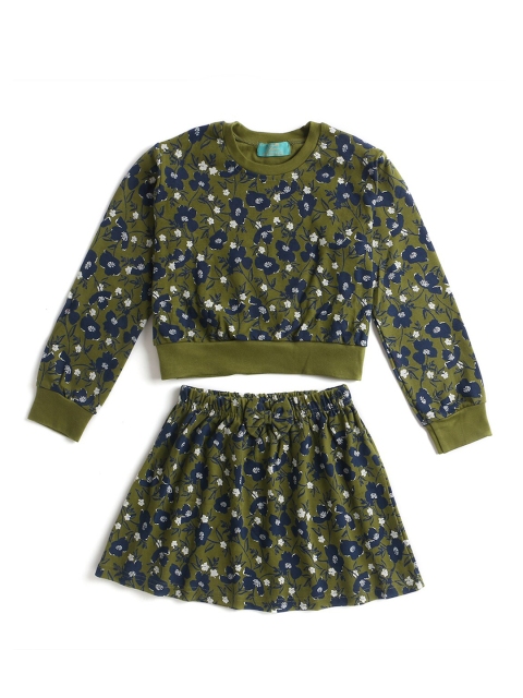 

Hopscotch Girls Green & Blue Printed Top with Skirt