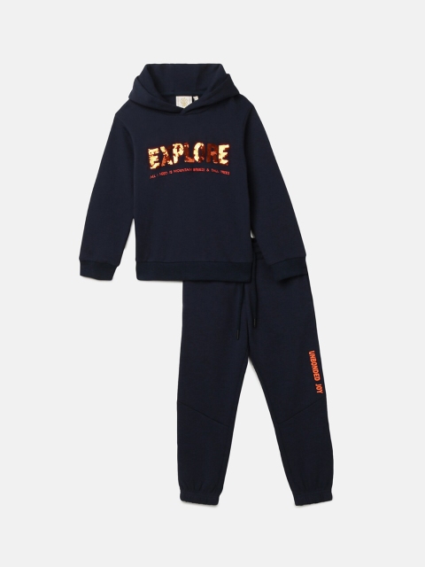 

BYB PREMIUM Kids Navy Blue Graphic Printed Relaxed-Fit Cotton Joggers