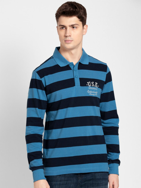 

Jockey Men Blue Striped Cotton Polo Collar T-shirt