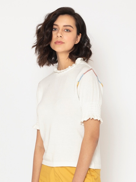 

SHAYE Women White Pure Cotton Pullover Sweater