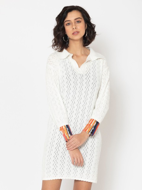 

SHAYE Women White Self Design Pure Cotton Sweater Dress