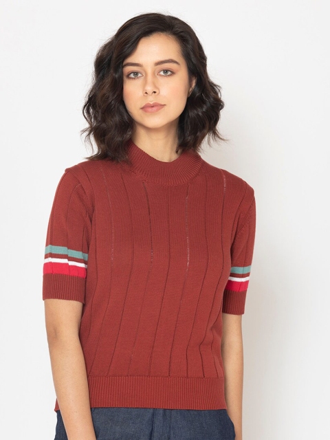 

SHAYE Women Rust Brown Striped Pure Cotton Pullover
