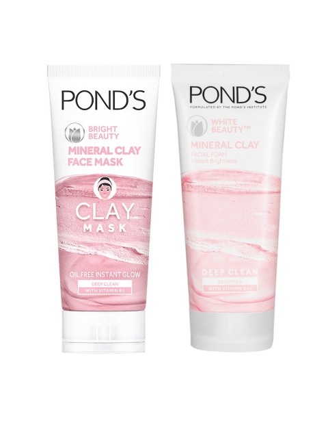 

Ponds Set of White Beauty Mineral Clay Facial Foam & Bright Beauty Mineral Clay Face Mask, Pink