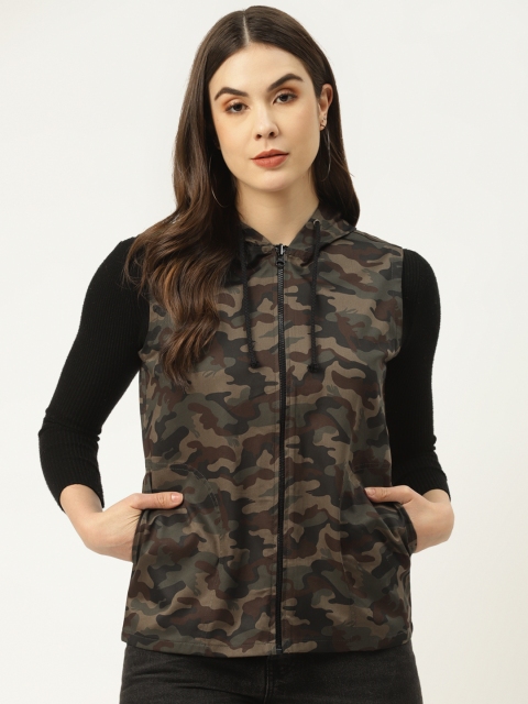 

urSense Women Brown & Olive Green Cotton Camouflage Print Hooded Sweatshirt