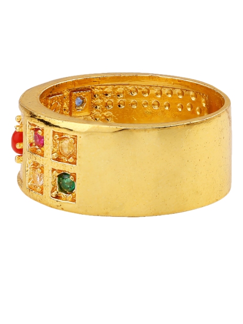 

Voylla Men Gold-Plated Pink & Green Stone-Studded & Beaded Finger Ring