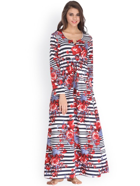

Clovia White & Navy Woollen Floral Print Nightdress NSW750P18