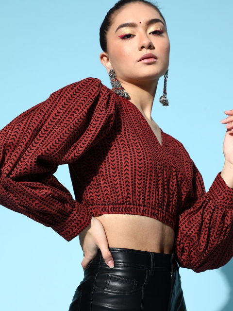 

Indo Era Women Classy Beige Abstract Cropped Top, Maroon