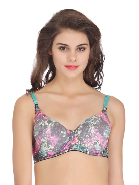 

Clovia Grey & Pink Printed Full-Coverage Push-Up T-shirt Bra BR0733P17