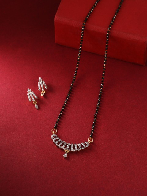 

THE AAB STUDIO Gold-Plated Black & White AD-Studded & Beaded Mangalsutra With Earrings