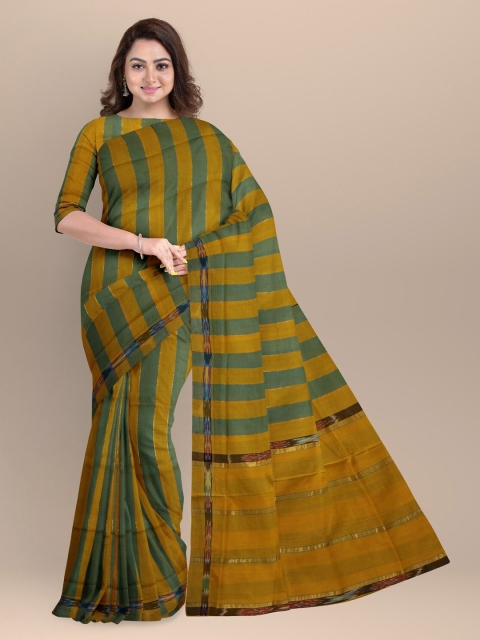 

APCO Mustard Yellow & Green Striped Pure Cotton Saree