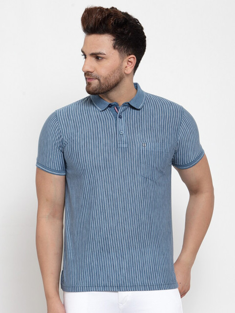 

VENITIAN Men Turquoise Blue Printed Polo Collar Slim Fit T-shirt