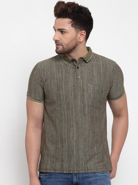 

VENITIAN Men Olive Green Striped Polo Collar Slim Fit T-shirt