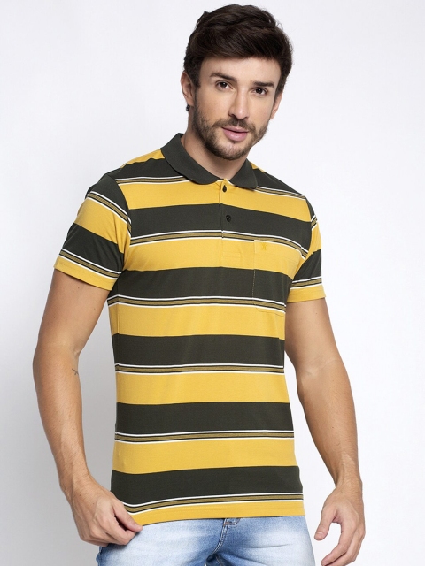 

VENITIAN Men Olive Green Striped Polo Collar Pockets T-shirt
