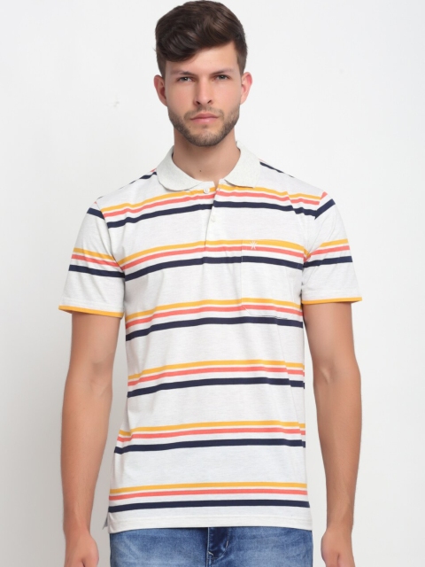 

VENITIAN Men Grey & Coral Striped Polo Collar T-shirt