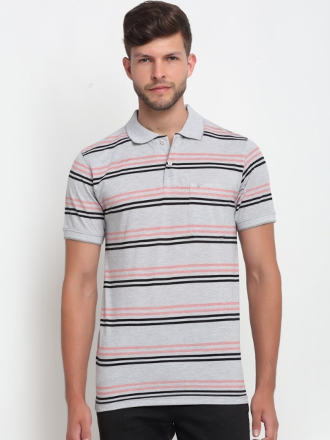 

VENITIAN Men Grey & Black Striped Polo Collar T-shirt