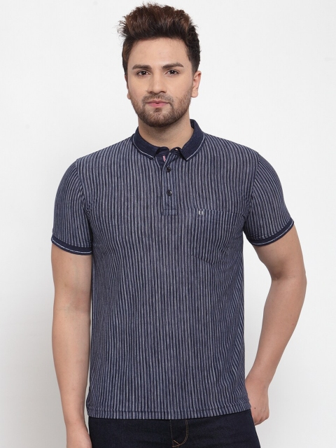 

VENITIAN Men Navy Blue Striped Polo Collar Slim Fit T-shirt
