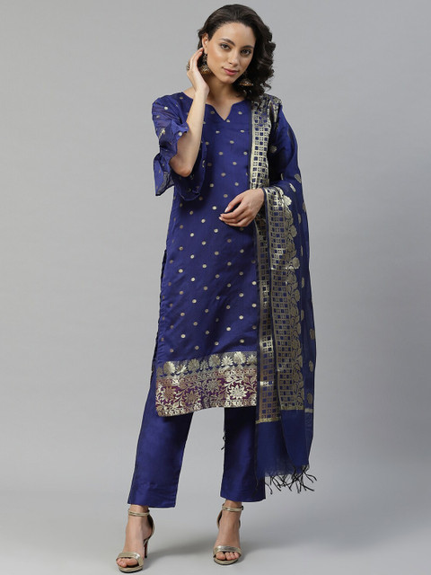 

Chhabra 555 Blue & Gold-Toned Unstitched Banarasi Dress Material