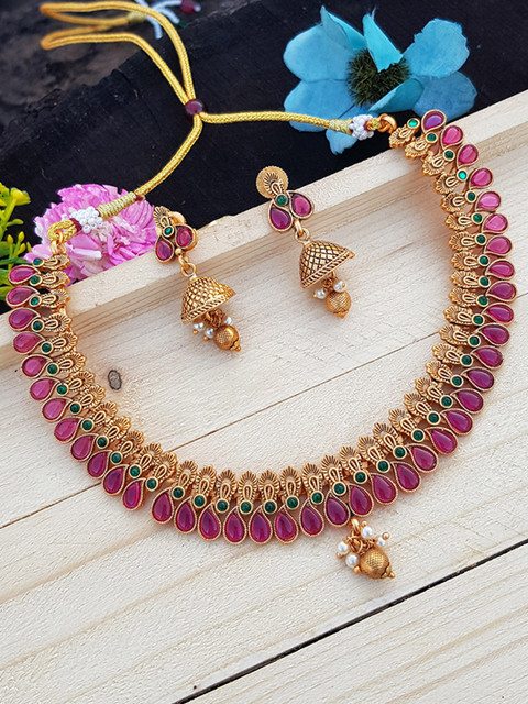 

GRIIHAM Gold-Plated Pink & Green AD Studded Jewellery Set