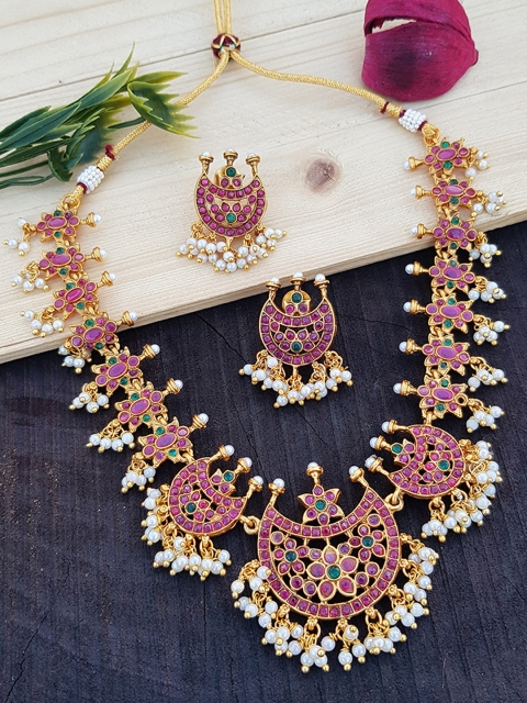 

GRIIHAM Gold-Plated & Magenta AD-Studded Antique Jewellery Set