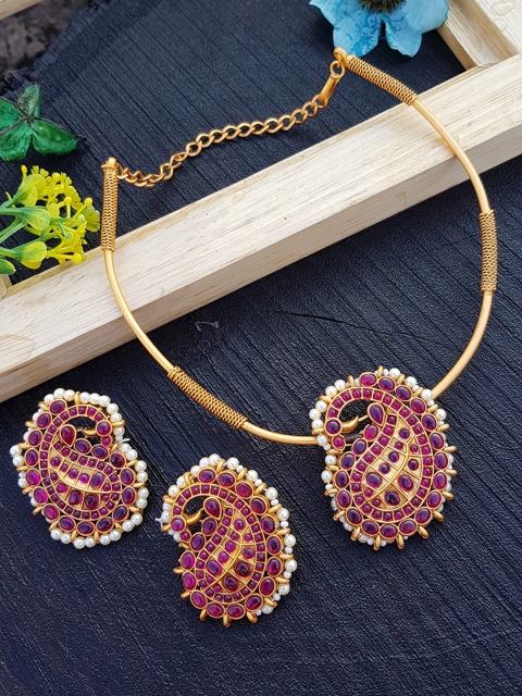 

GRIIHAM Gold-Plated Red & White AD-Studded & Beaded Jewellery Set