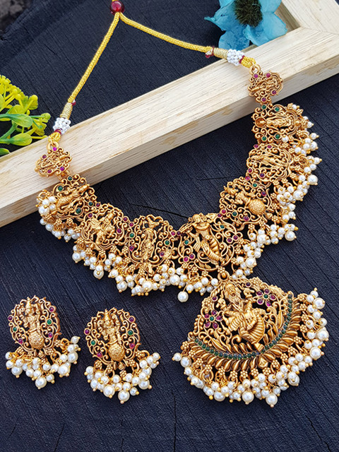 

GRIIHAM Gold-Plated & Magenta AD-Studded Dashavataram Jewellery Set