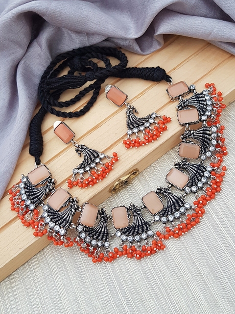 

GRIIHAM Silver Toned & Orange Oxidised Stone Studded Jewellery Set