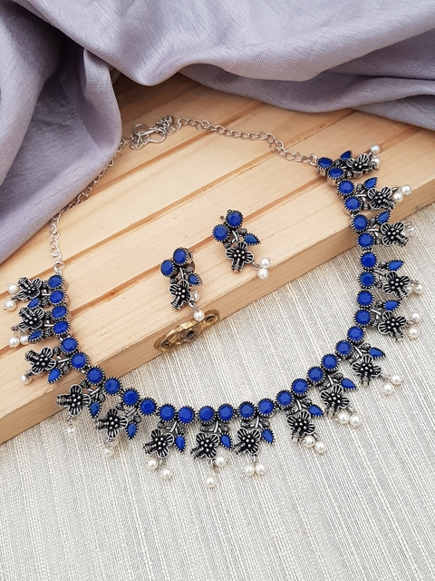 

GRIIHAM Oxidised Silver-Toned & Blue AD-Studded & Beaded Jewellery Set