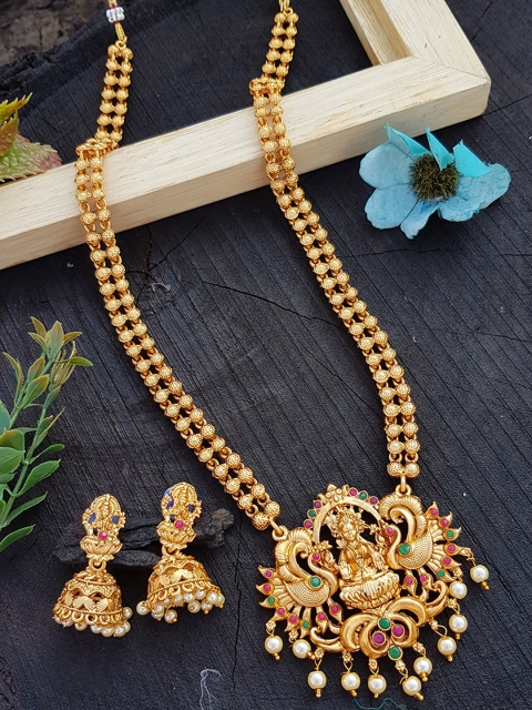 

GRIIHAM Gold-Plated Red & Green AD-Studded & Beaded Temple Jewellery Set