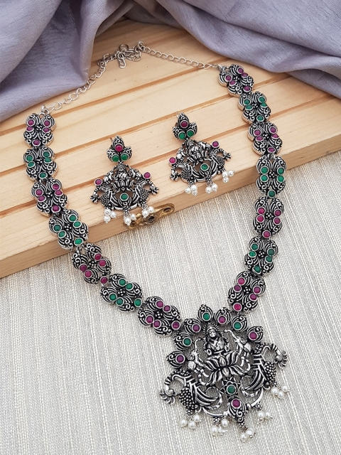 

GRIIHAM Oxidised Silver-Toned Green & Pink AD-Studded Jewellery Set