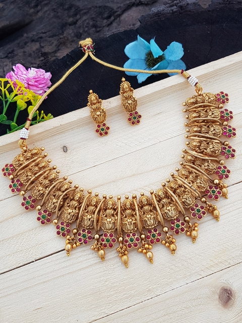 

GRIIHAM Gold-Plated & Pink AD-Studded & Beaded Jewellery Set