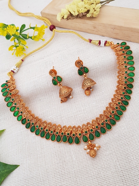

GRIIHAM Gold-Plated Green AD-Studded Jewellery Set